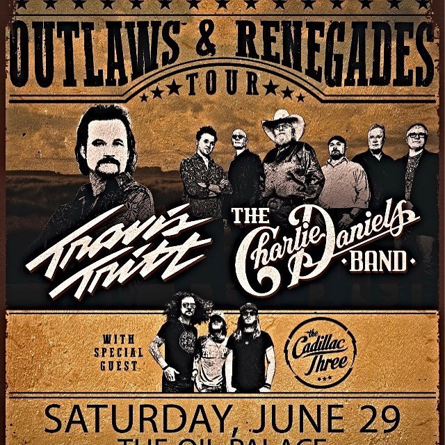 Tickets are on sale now for the #outlawsandrebelstour at the historic Oil Palace  on Saturday, June 29, 2019. @realtravistritt and @thecharliedanielsband with special guest @thecadillac3 ! Going to be a great night! Get your Gold Circle Premium ticke