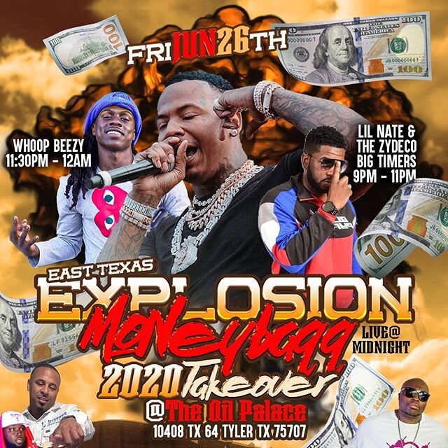 Come see @moneybaggyo and @whop_beezy_ at the Oil Palace in Tyler, Texas on Friday, June 26. Doors open at 6pm. Get your advance tickets today to avoid long lines! Parking is $10 cash only. All patrons subject to search. All bags subject to search. N