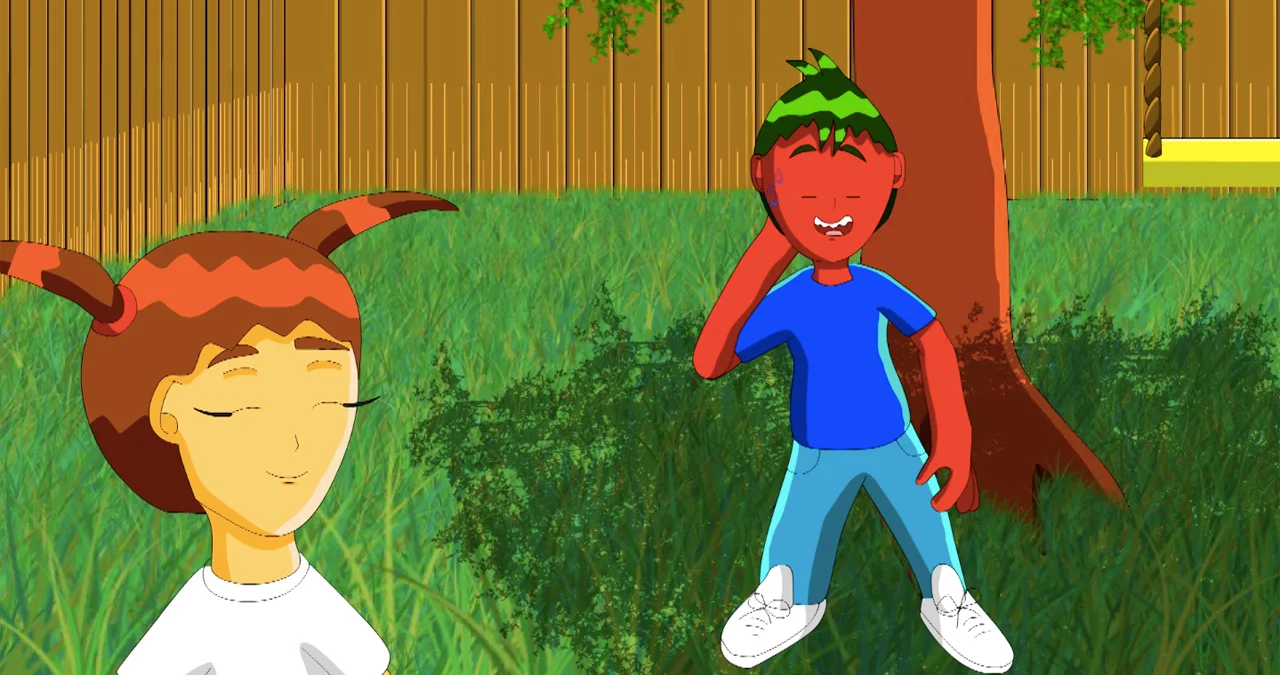 A boy with red skin chats to a girl. A still from an animation called Tomboy Episode 2.