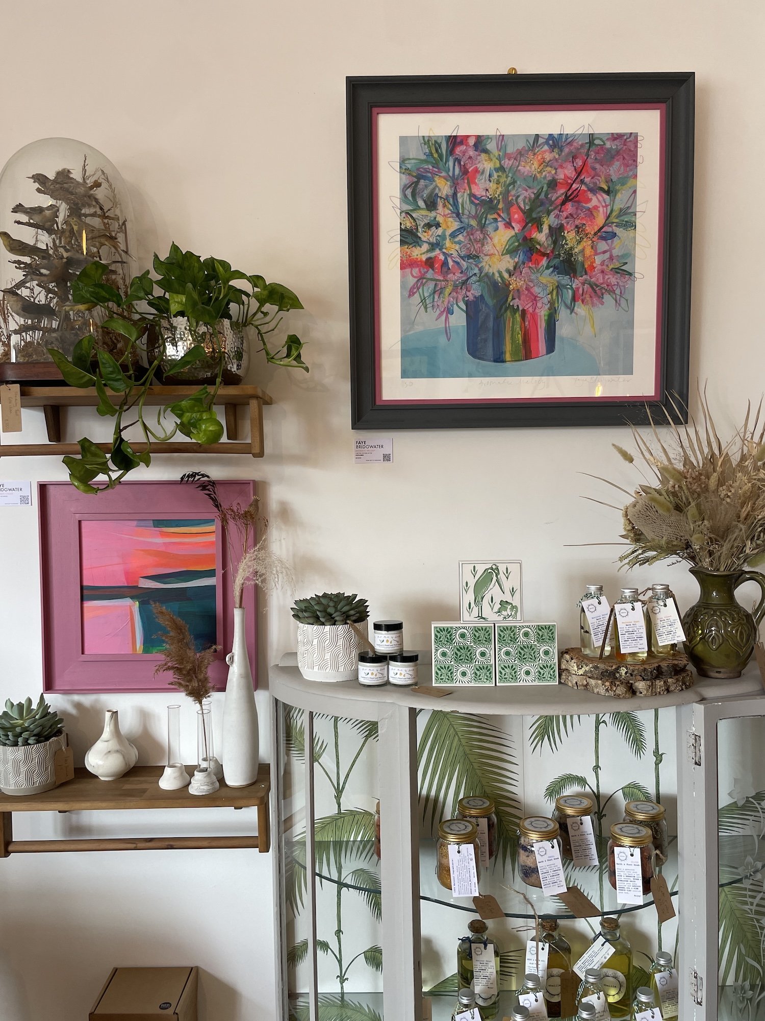 Aromatic Melody limited edition print by Faye Bridgwater, a pot in flowers in pinks and blues in a living space