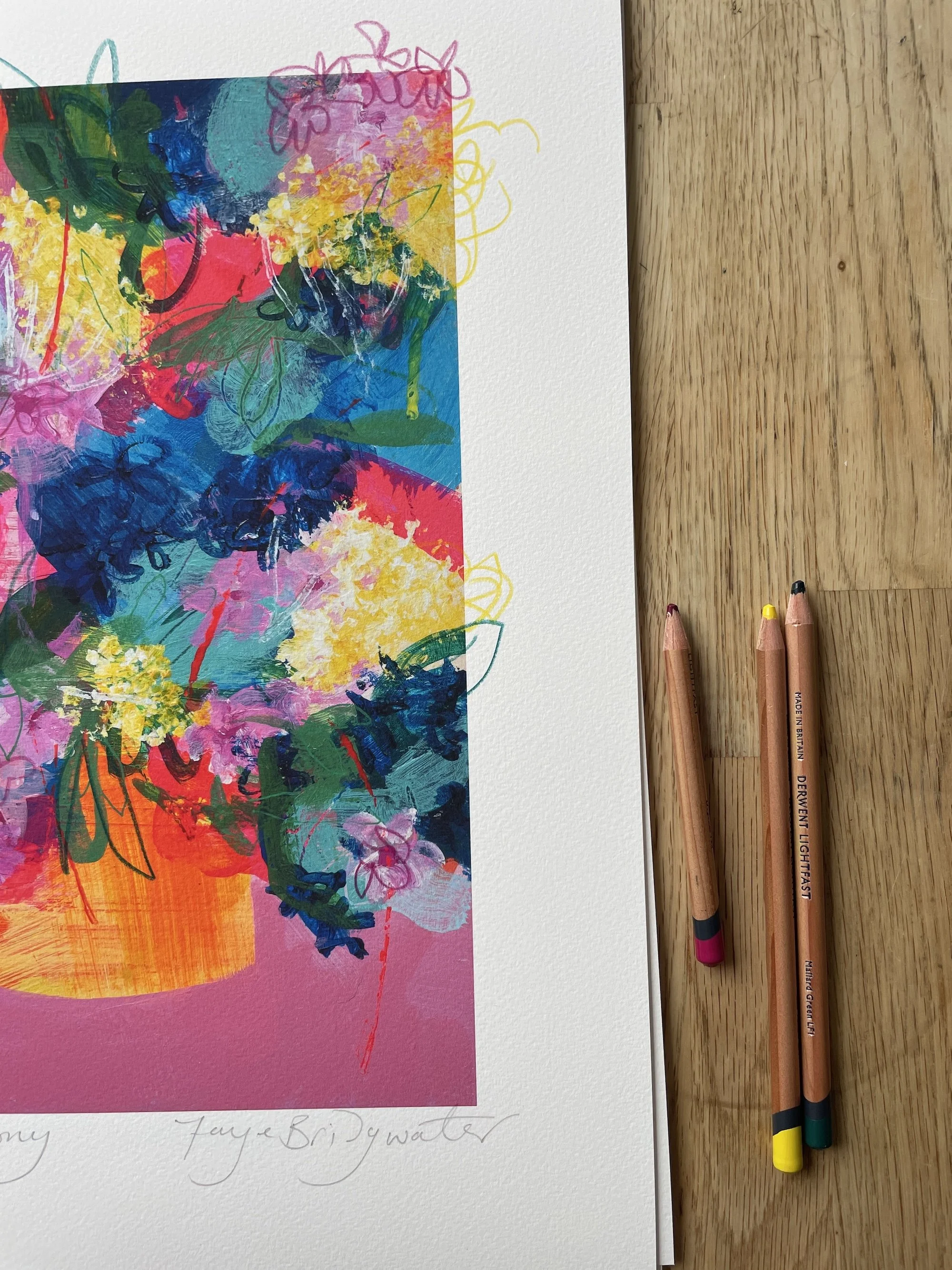 Sweet Harmony limited edition print by Faye Bridgwater, contemporary painting of flowers in a pot