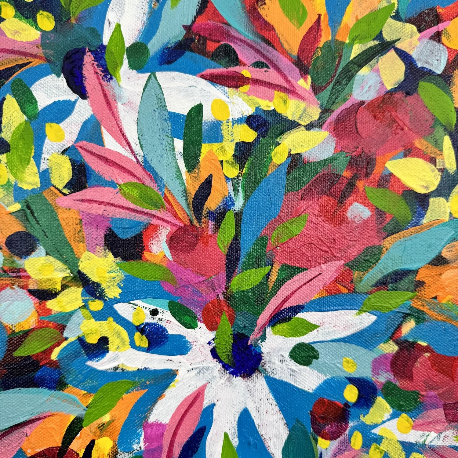 Close-up of bright blooms in textured contemporary floral painting