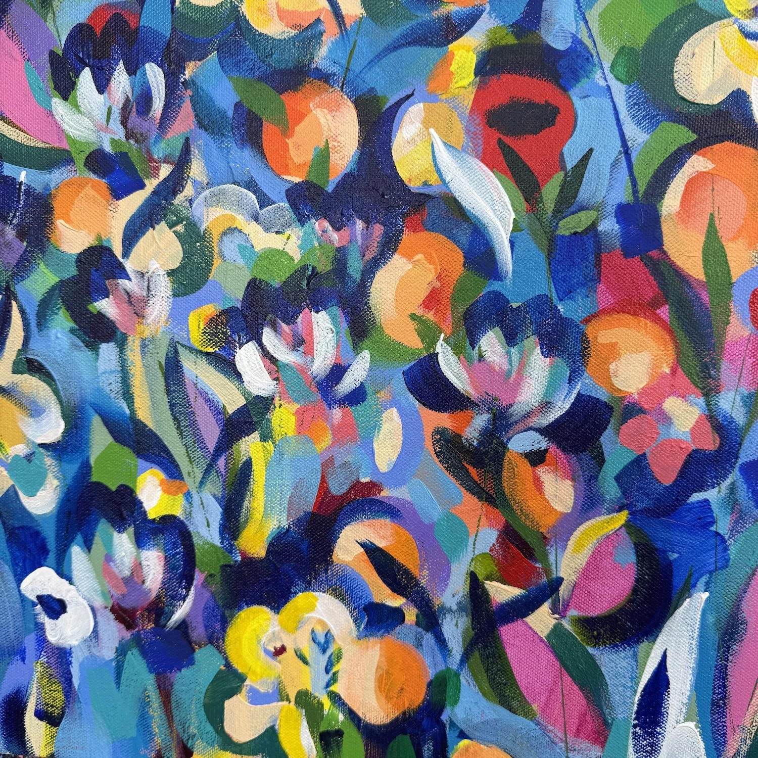 Close-up of colourful floral painting in the Saatchi exhibition