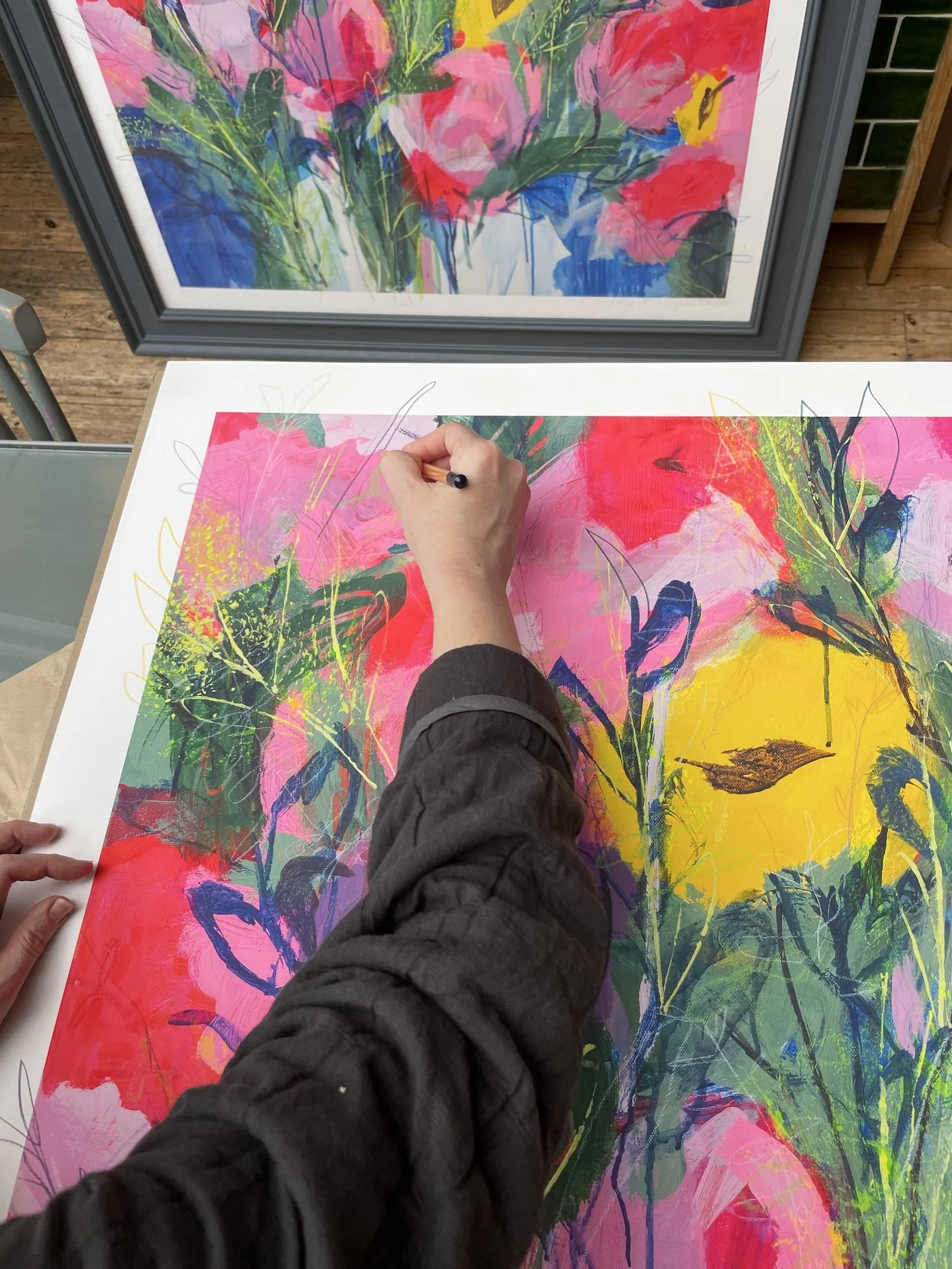 Hand finishing of Big Blooms limited edition print by Faye Bridgwater