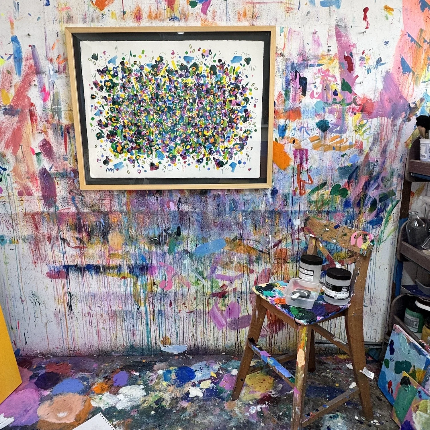 Colourful floral artwork on paper with vibrant scattered blooms