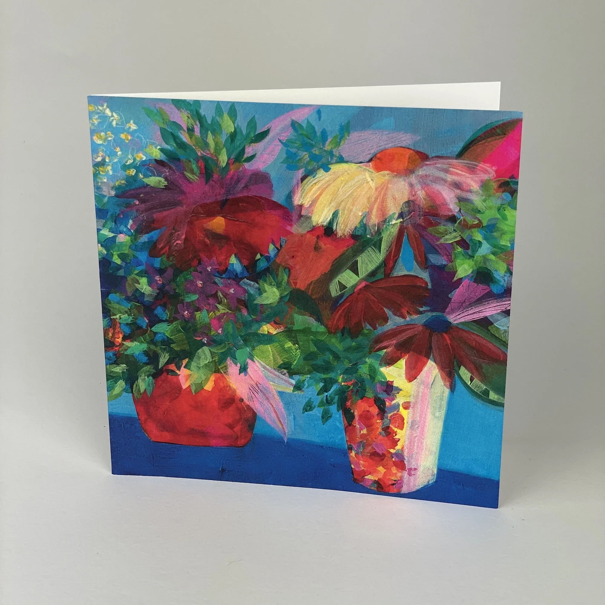 Bright floral greeting card inspired by garden flowers, bold contemporary art design, printed in the UK