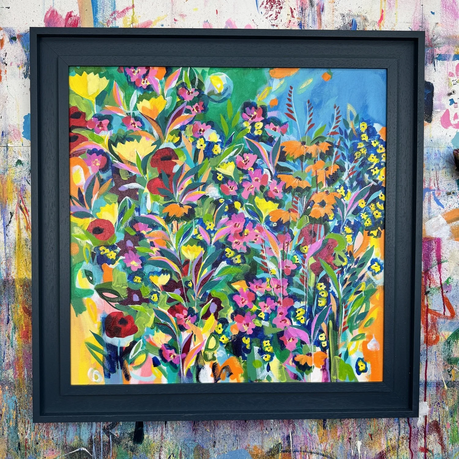 Bold flower painting with abundant blooms and vibrant colour