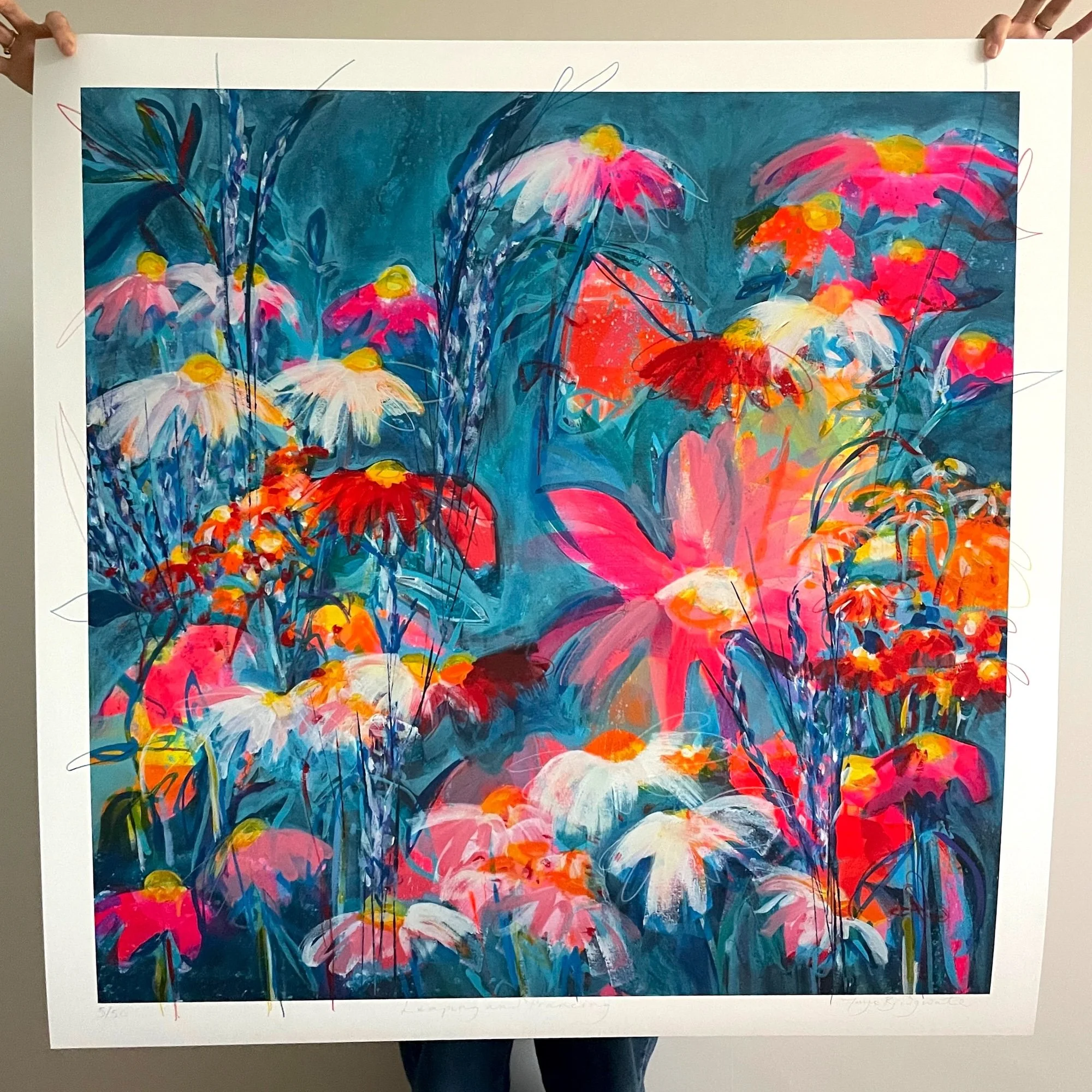 Leaping and Pracing limited edition print by Faye Bridgwater, bright joyful wall art for home and office