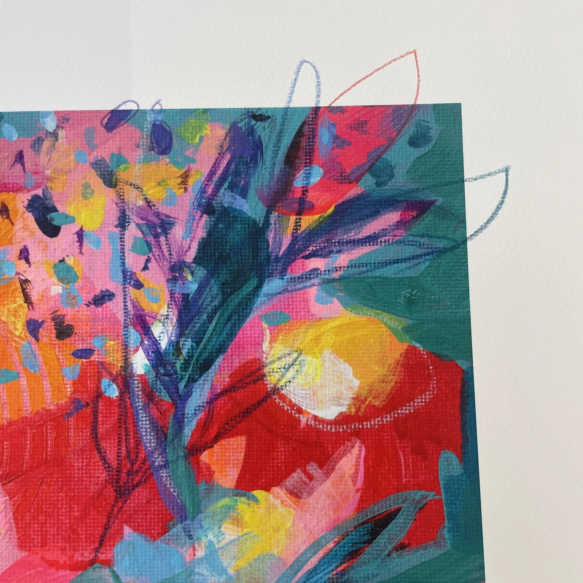 Detail of signed limited edition floral print “The Gift” highlighting layered colour and movement