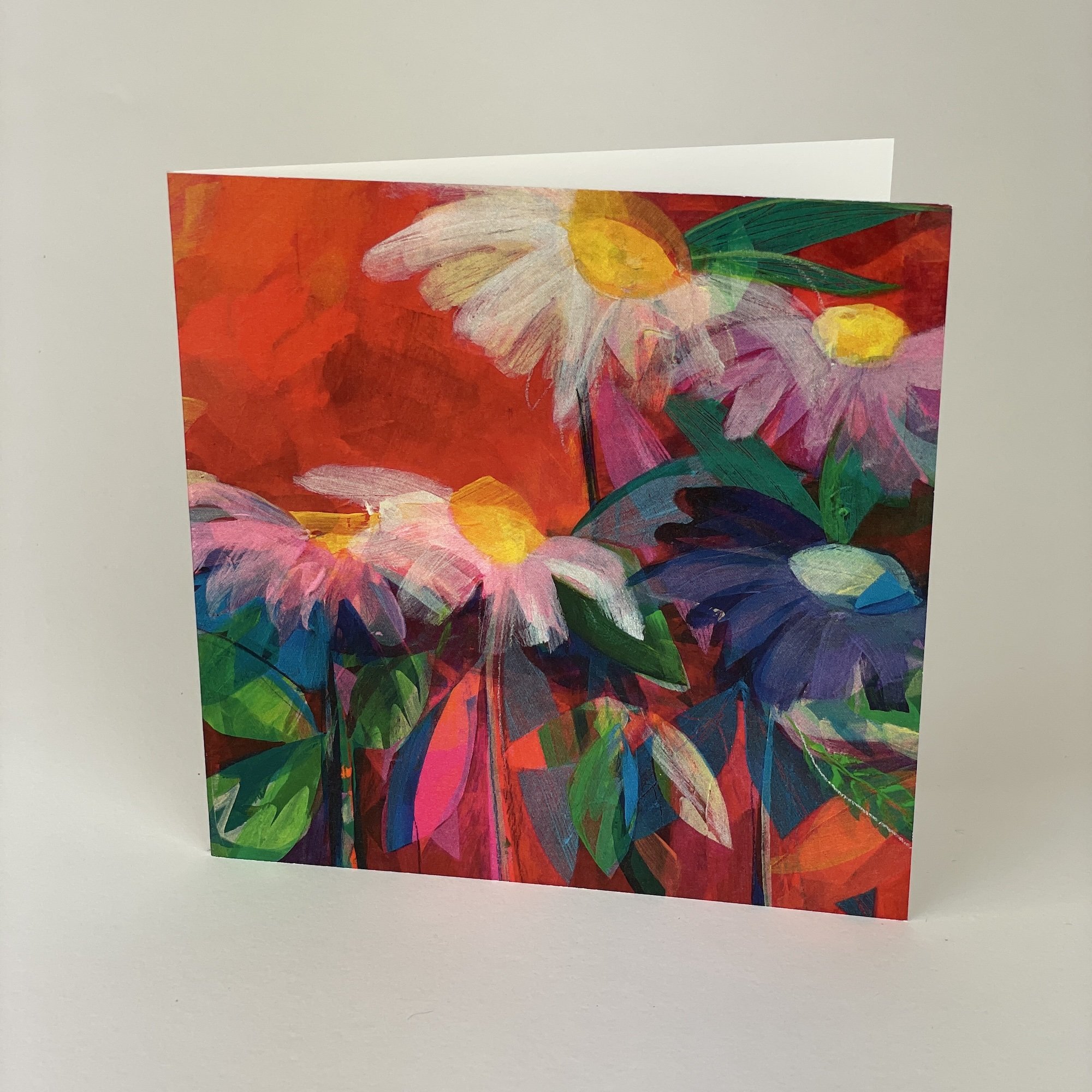 Contemporary floral greeting card ideal for birthdays or special occasions, vibrant painted flowers, blank inside