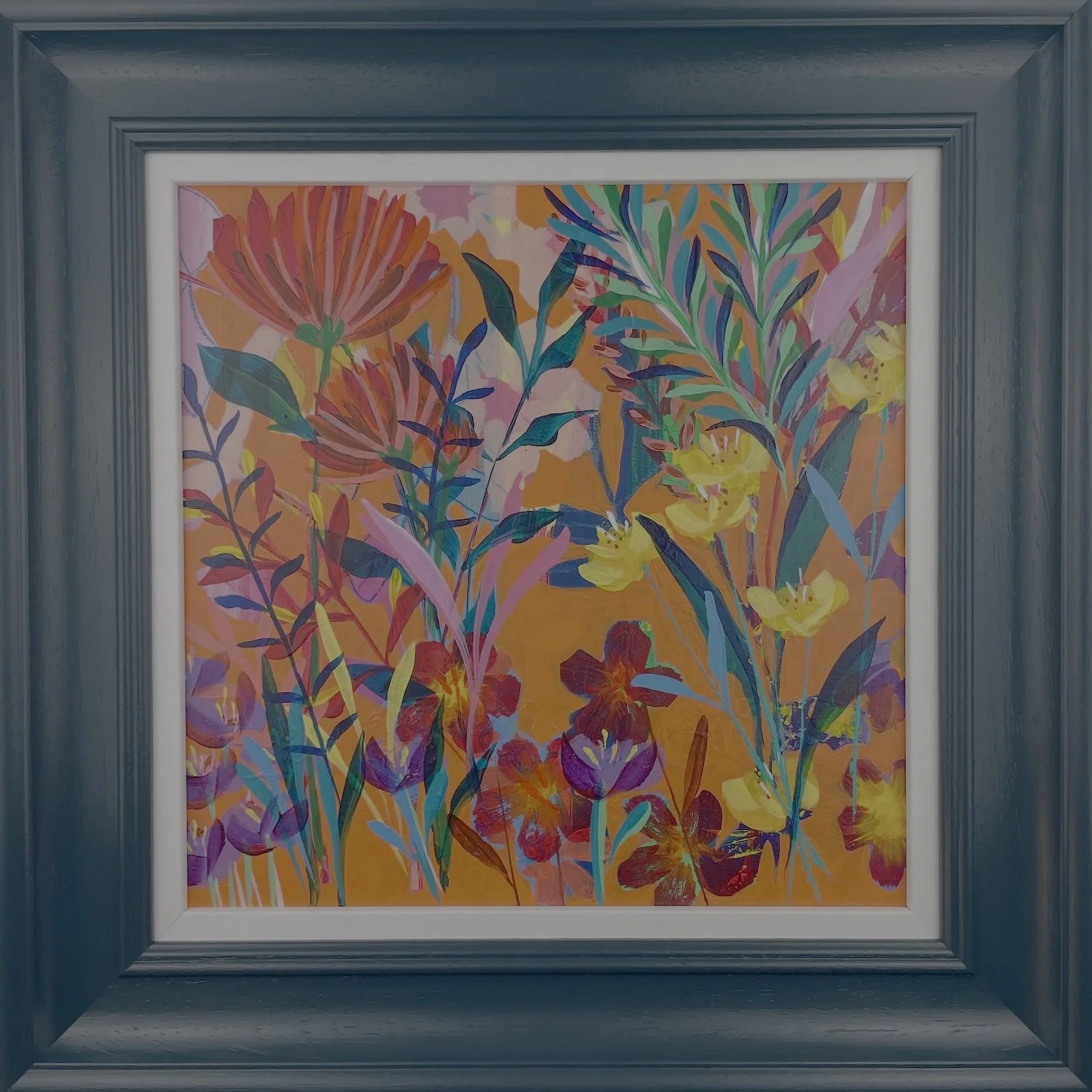 Original orange wall art painted by British contemporary artist, Faye Bridgwater, titled "Dancing Petals"