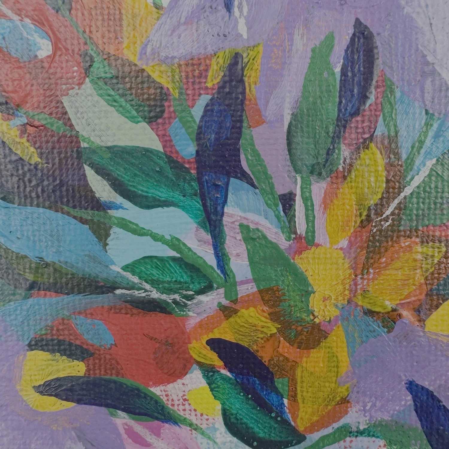 Colourful vibrant flowers in this abstract wall art titled "Overspilling" by Faye Bridgwater