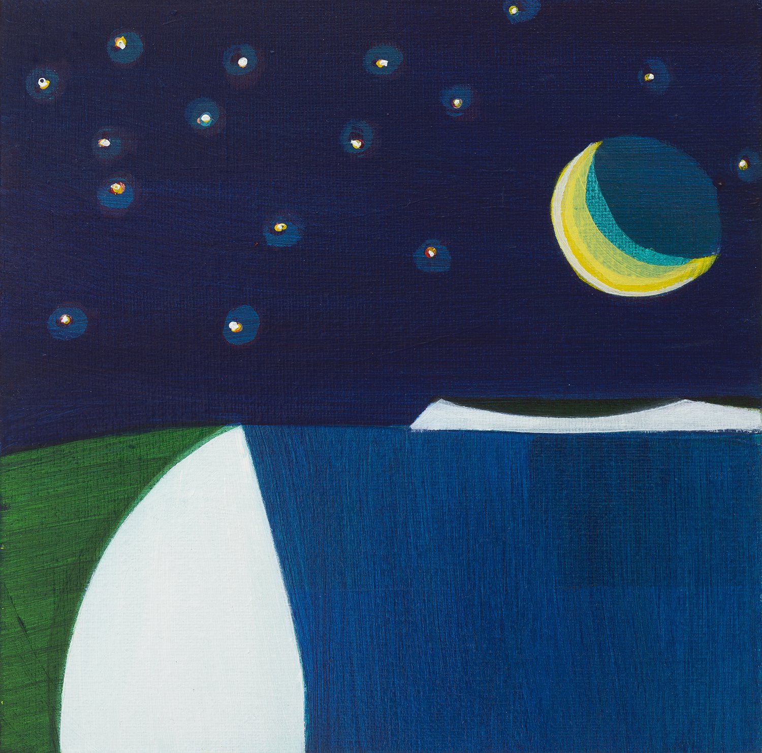 Small abstract landscape painting of cliffside at night with crescent moon