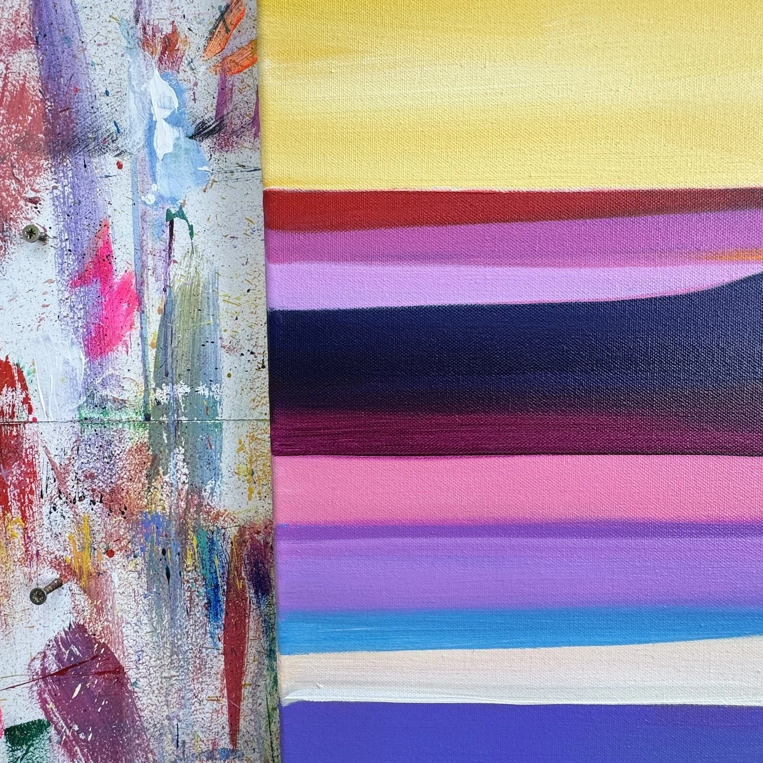 Close-up of textured brushstrokes in yellow and blue painting