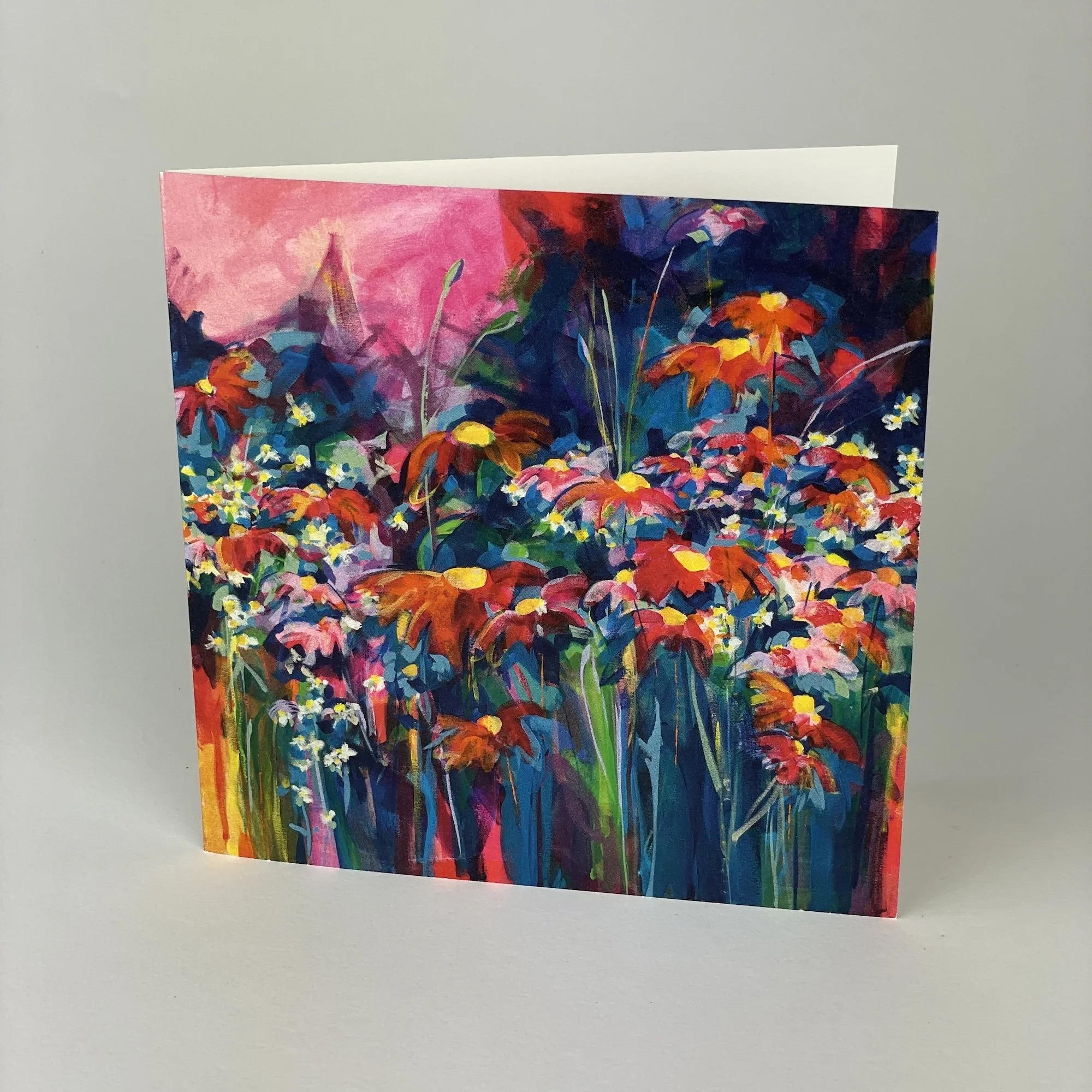 Modern floral greeting card with vibrant painted blooms, abstract flower artwork, blank card for any occasion