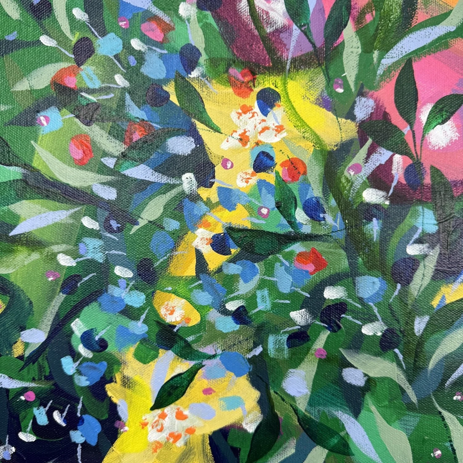 Bold pops of colour in Faye Bridgwater abstract painting of flowers in a pot titled "Forevermore"