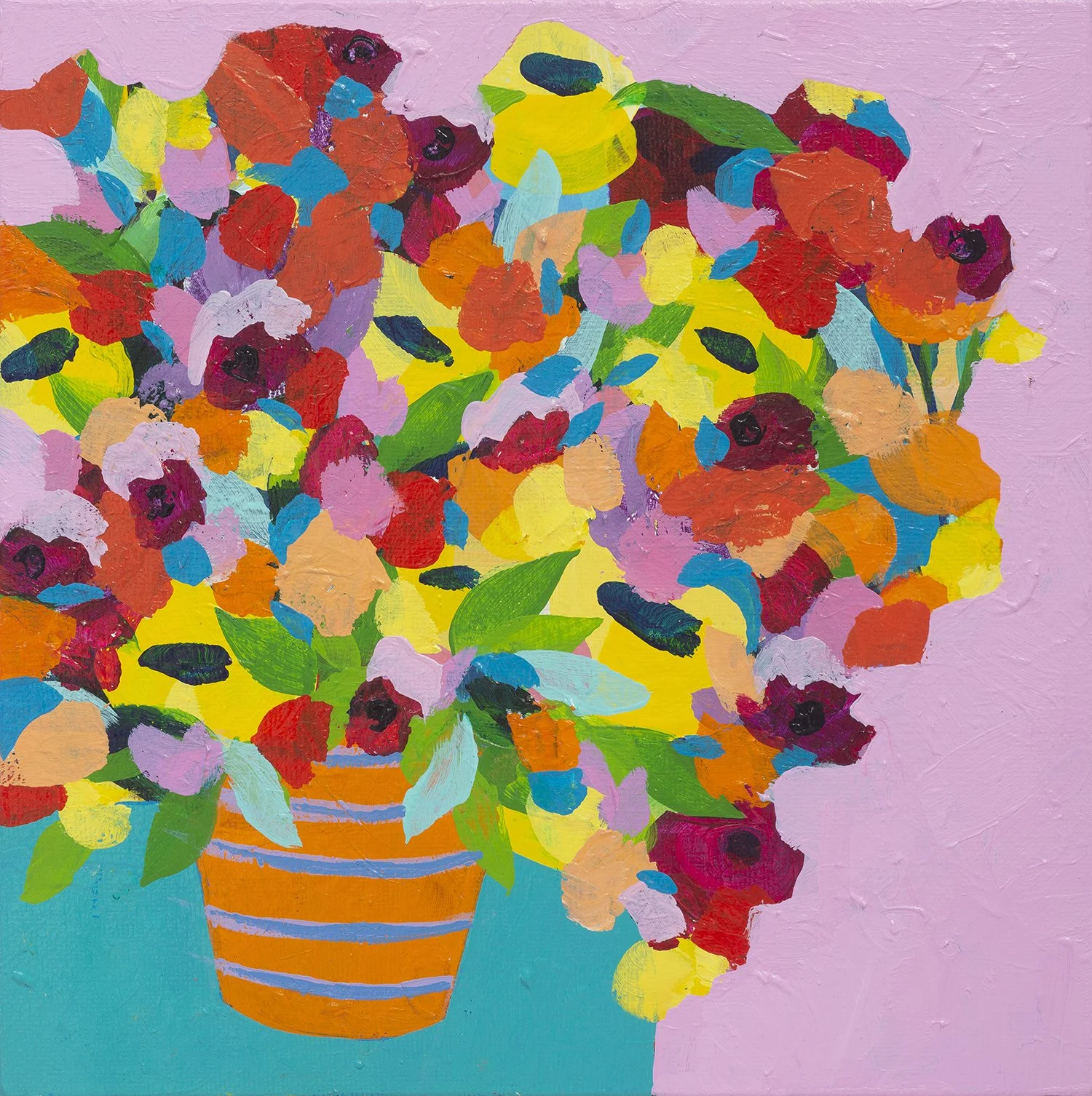 Small colourful floral painting with yellow and red flowers on a pink background by Faye Bridgwater