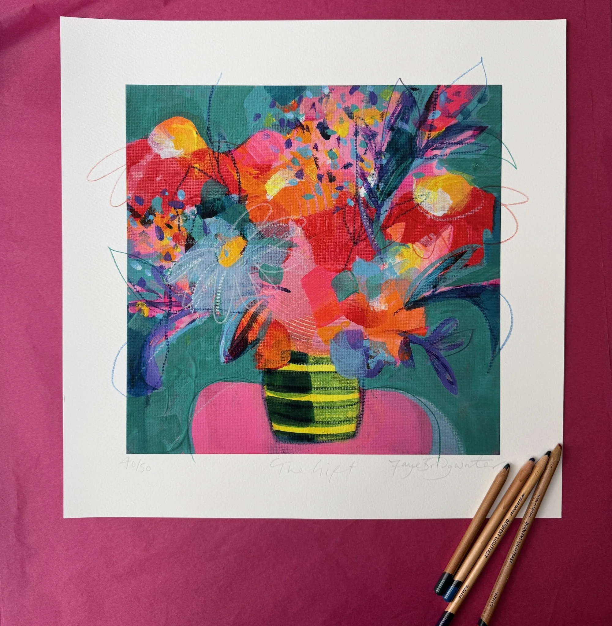 Colourful floral artwork “The Gift” by Faye Bridgwater, contemporary painting with layered marks and movement