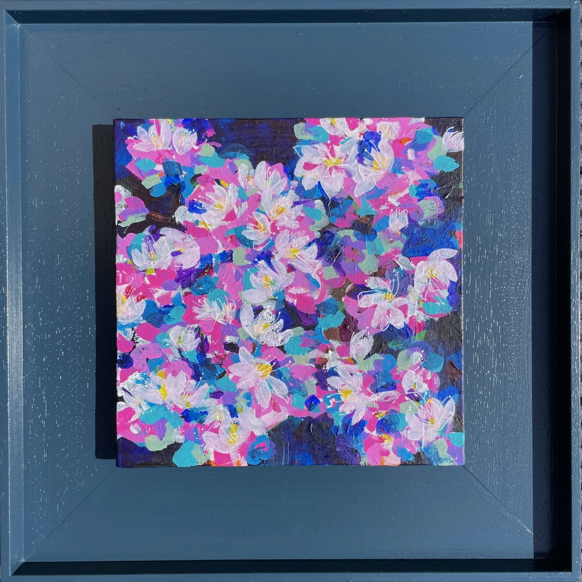 A pink vibrant painting titled "Joy To The Eye" by Faye Bridgwater