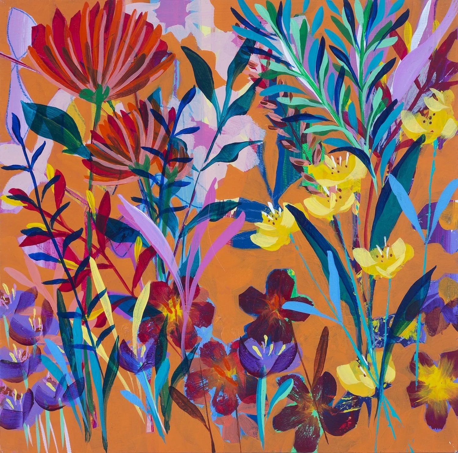 "Dancing Petals", a contemporary abstract orange painting of flowers by Faye Bridgwater