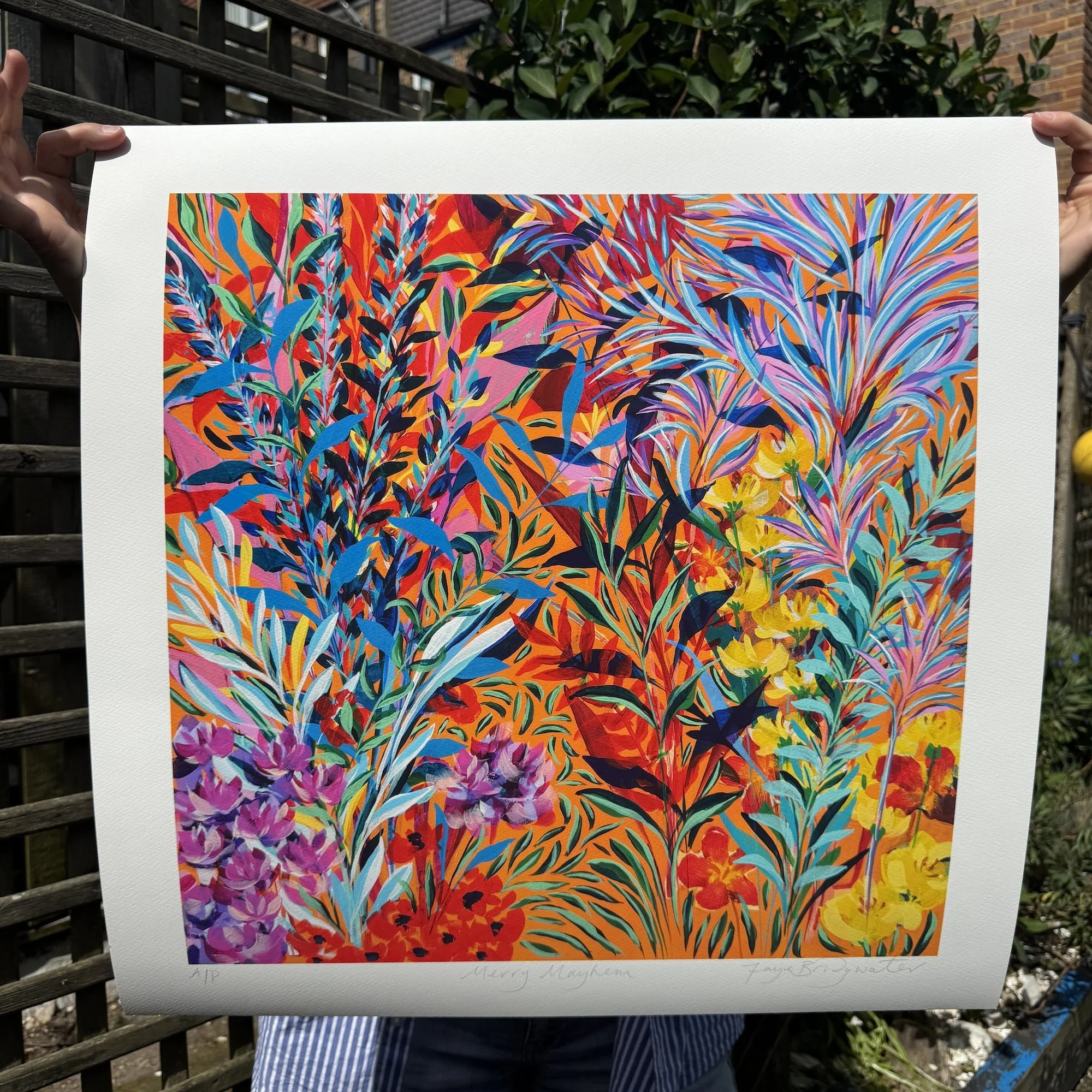 Merry Mayhem limited edition print by Faye Bridgwater, a bright orange painting to lift a living space