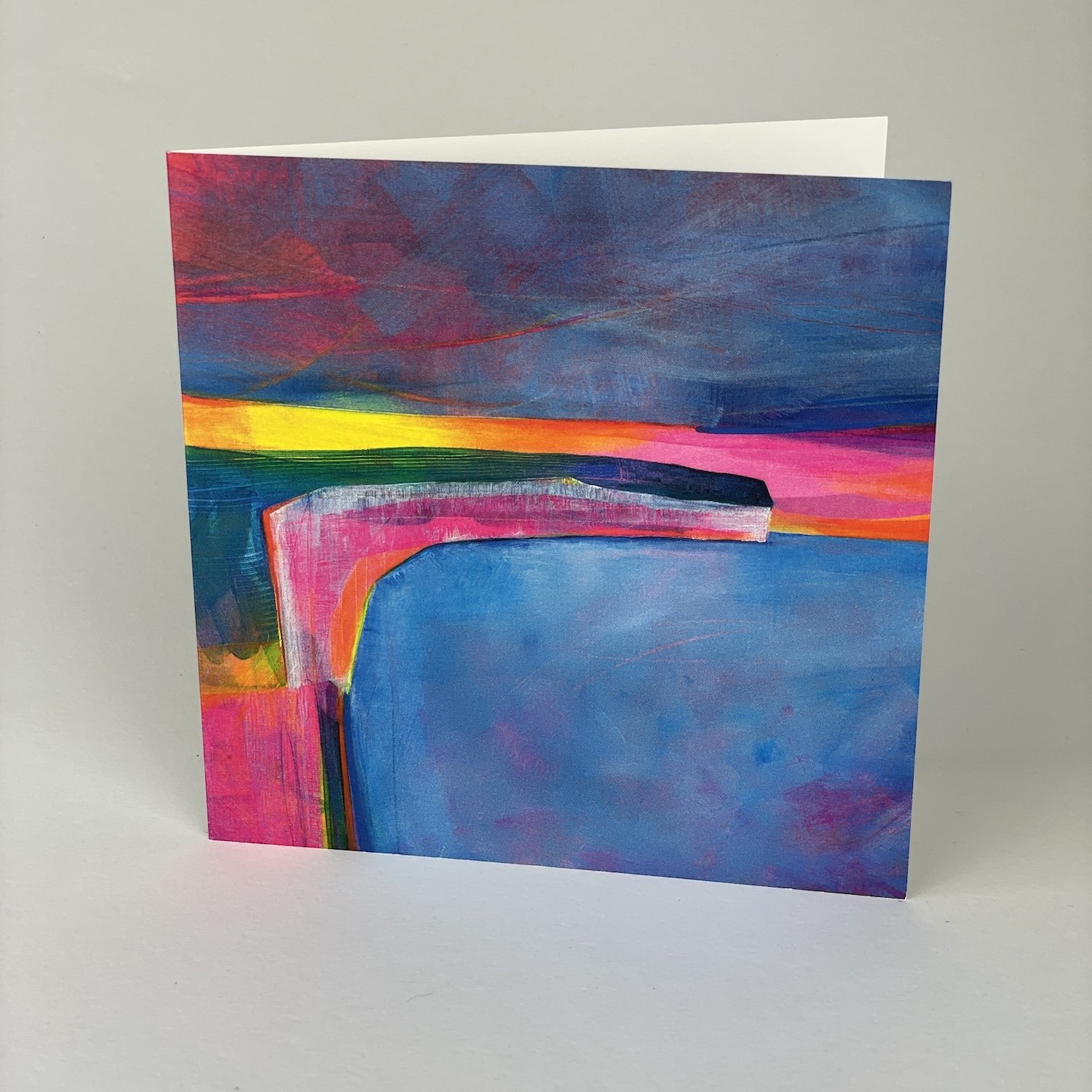 Colourful fine art landscape greeting card capturing light over hills and sea, modern abstract painting