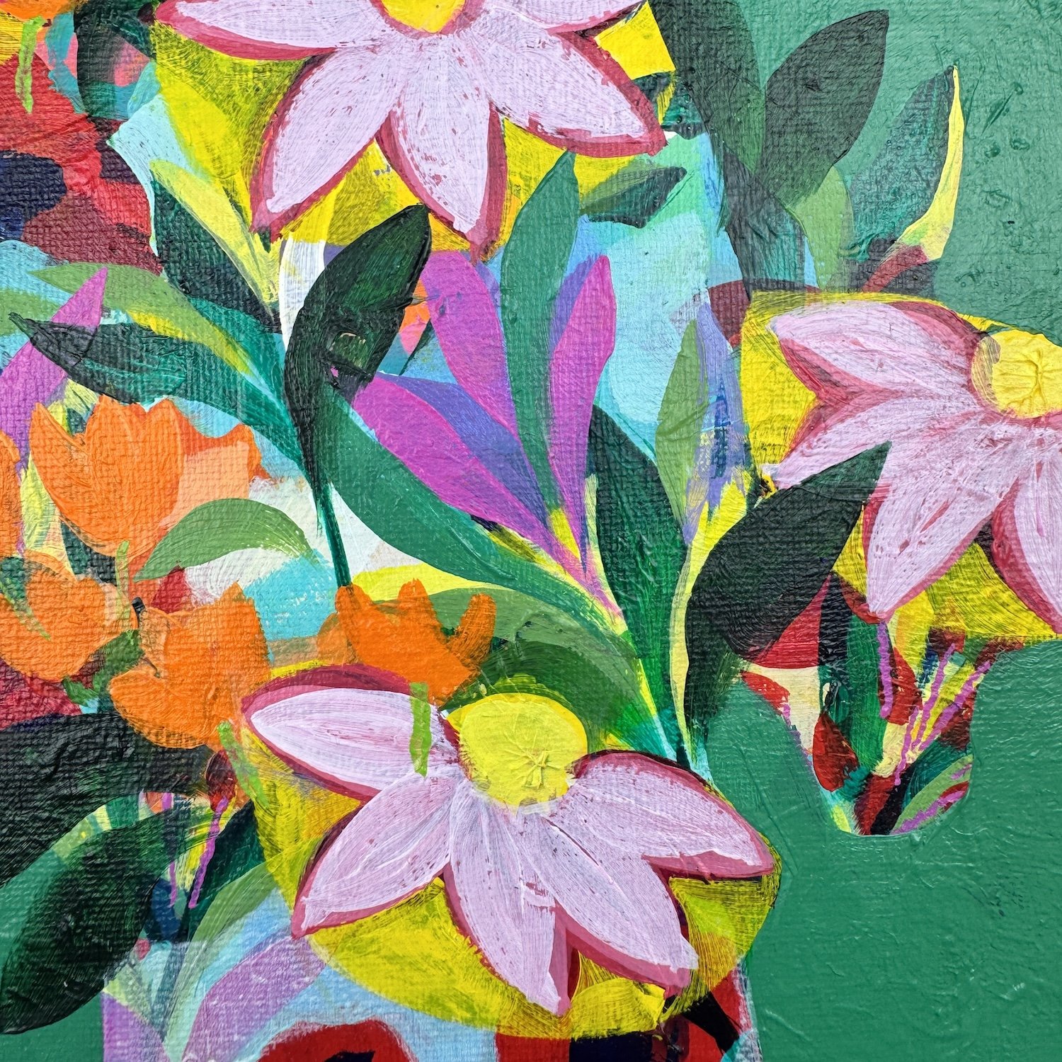 Detail of expressive marks in vibrant contemporary floral painting