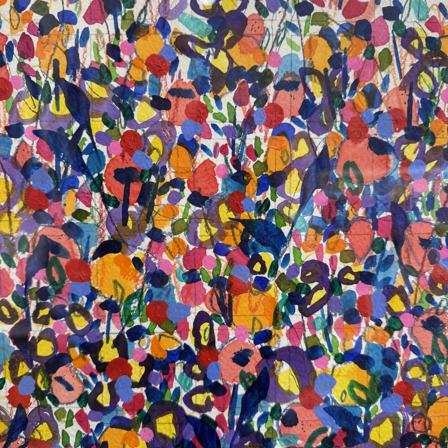 Close-up of tiny multicoloured flowers in vibrant painting