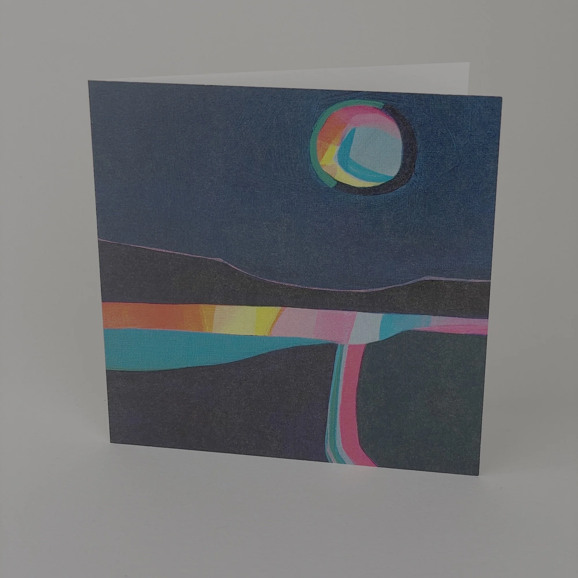 Fine art greeting card with set at night with vibrant layered colour and movement, modern landscape design