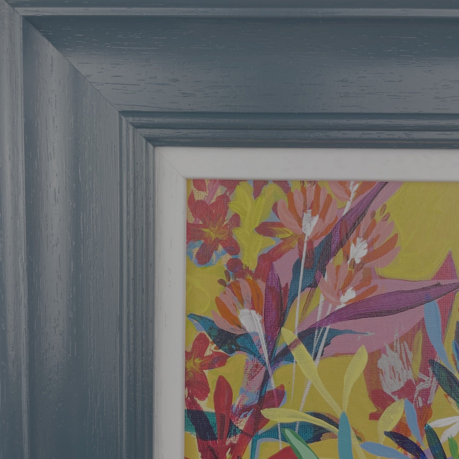 Framed joyful painting of flowers by Faye Bridgwater