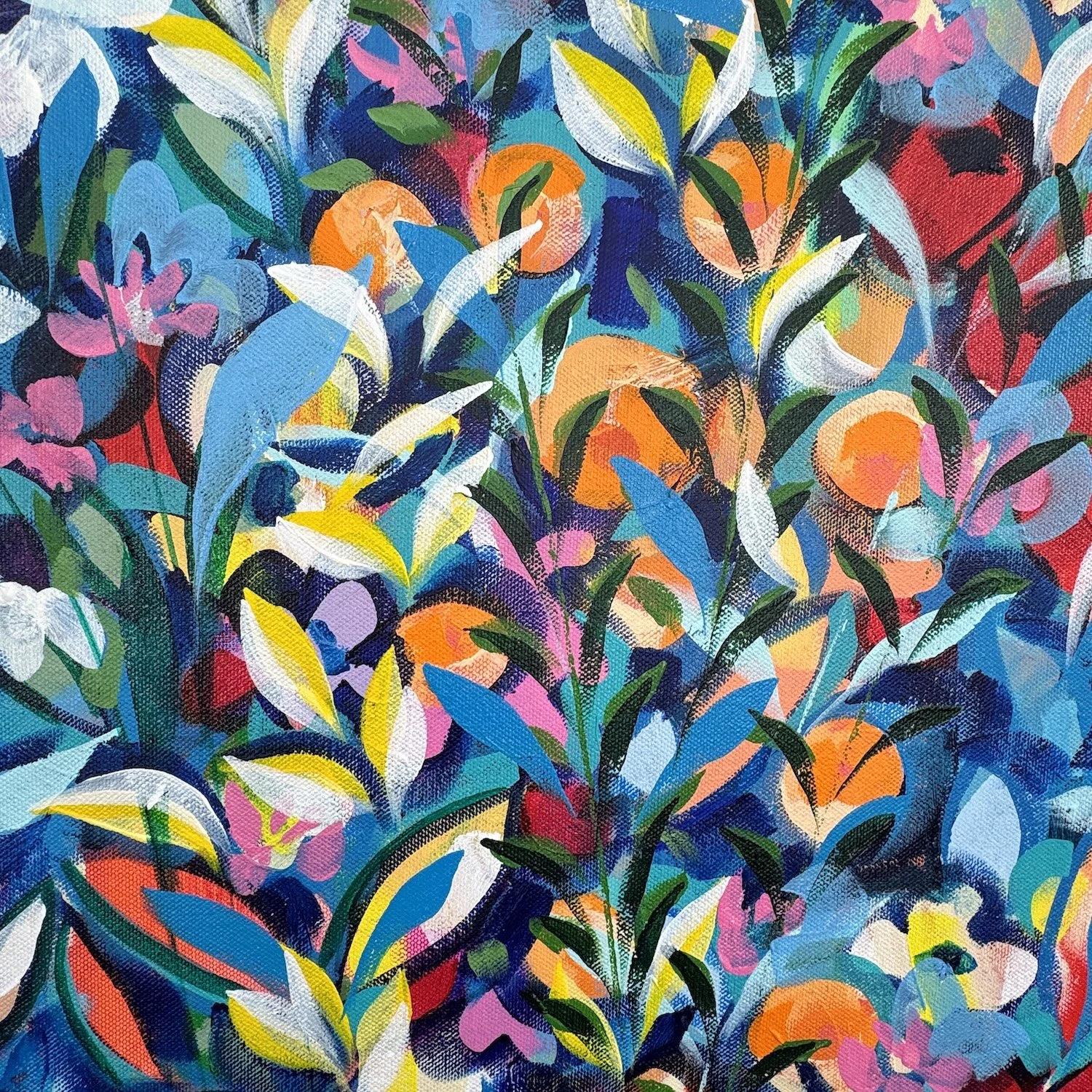 Colourful floral painting by Faye Bridgwater exhibited in the Saatchi Gallery