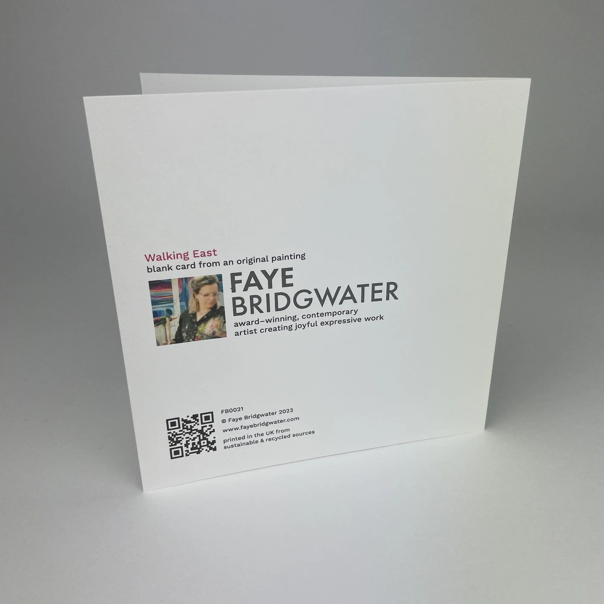 Back of a Faye Bridgwater fine art greetings card