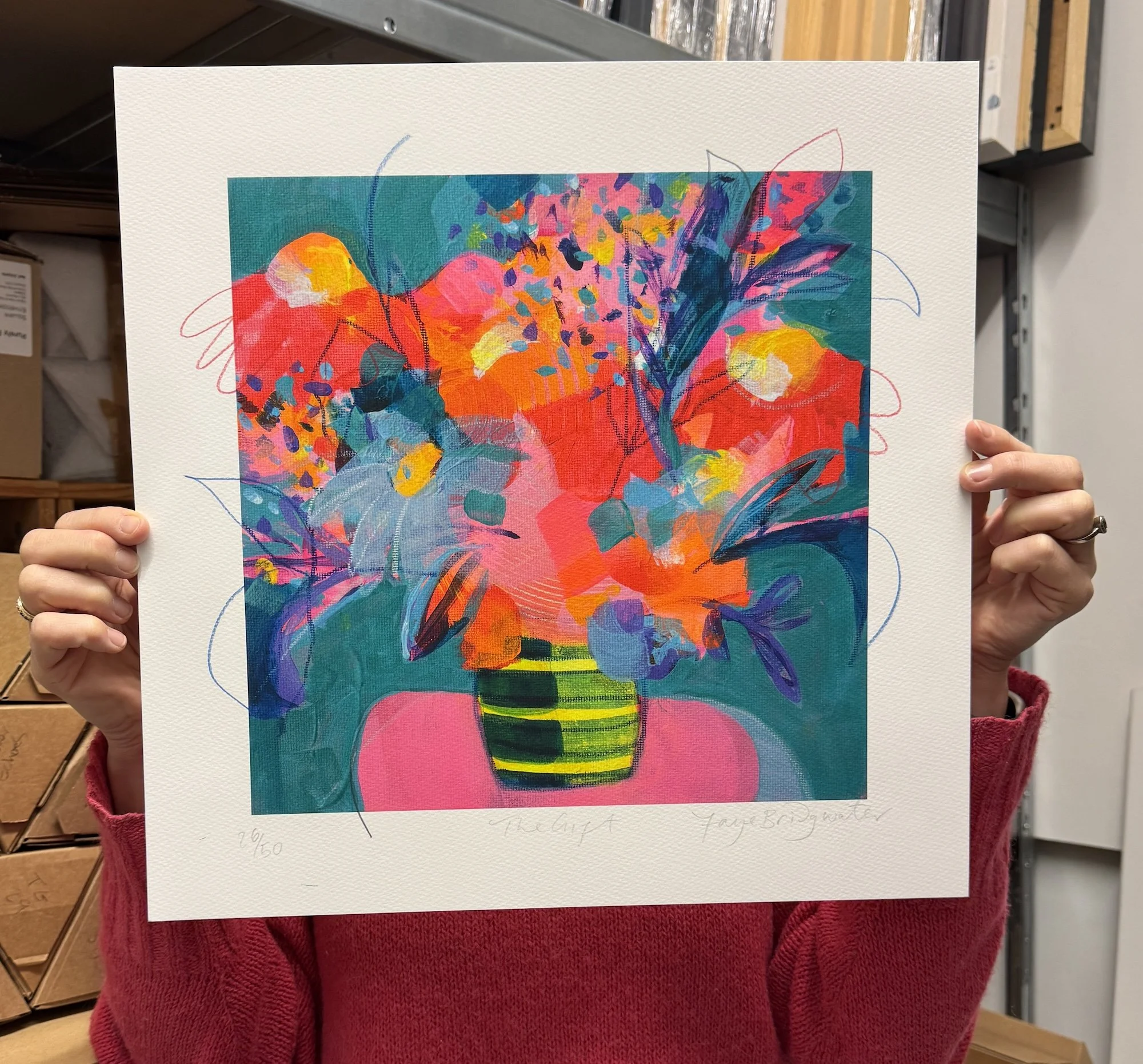 Signed limited edition floral print by Faye Bridgwater titled “The Gift”, full of bold colour and expressive brushwork