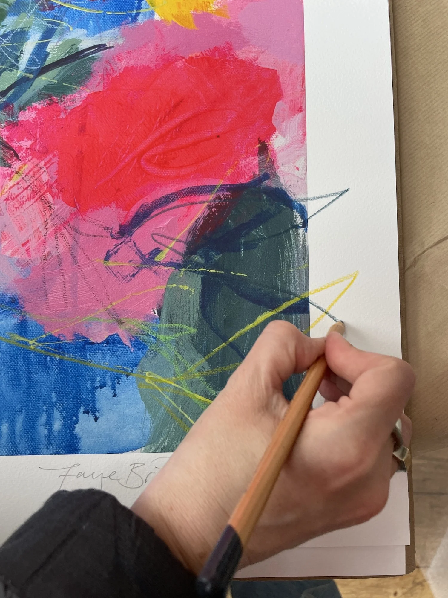 Hand finishing, numbering and signing of Big Blooms limited edition print by Faye Bridgwater