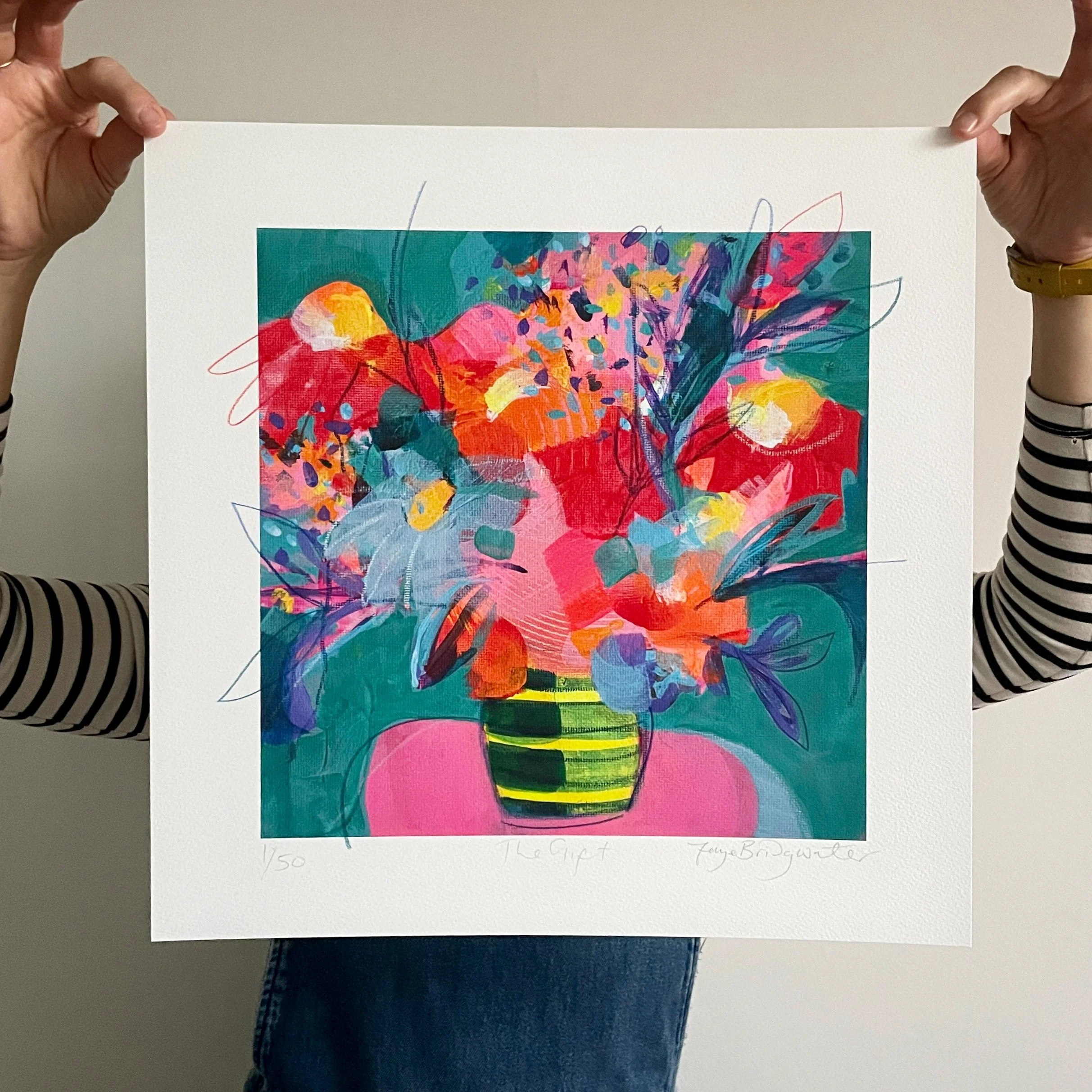 Floral print “The Gift” featuring abstract blooms and vibrant colour contrasts