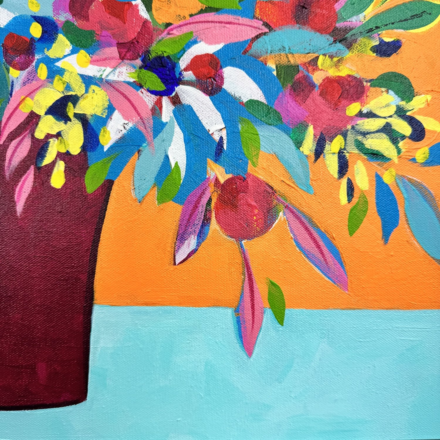 Colourful flower painting with vibrant blooms and turquoise surface