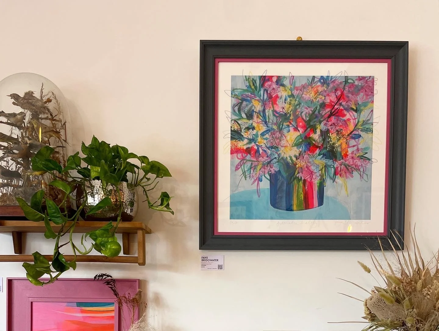 Floral limited edition print by British artist Faye Bridgwater in a living room