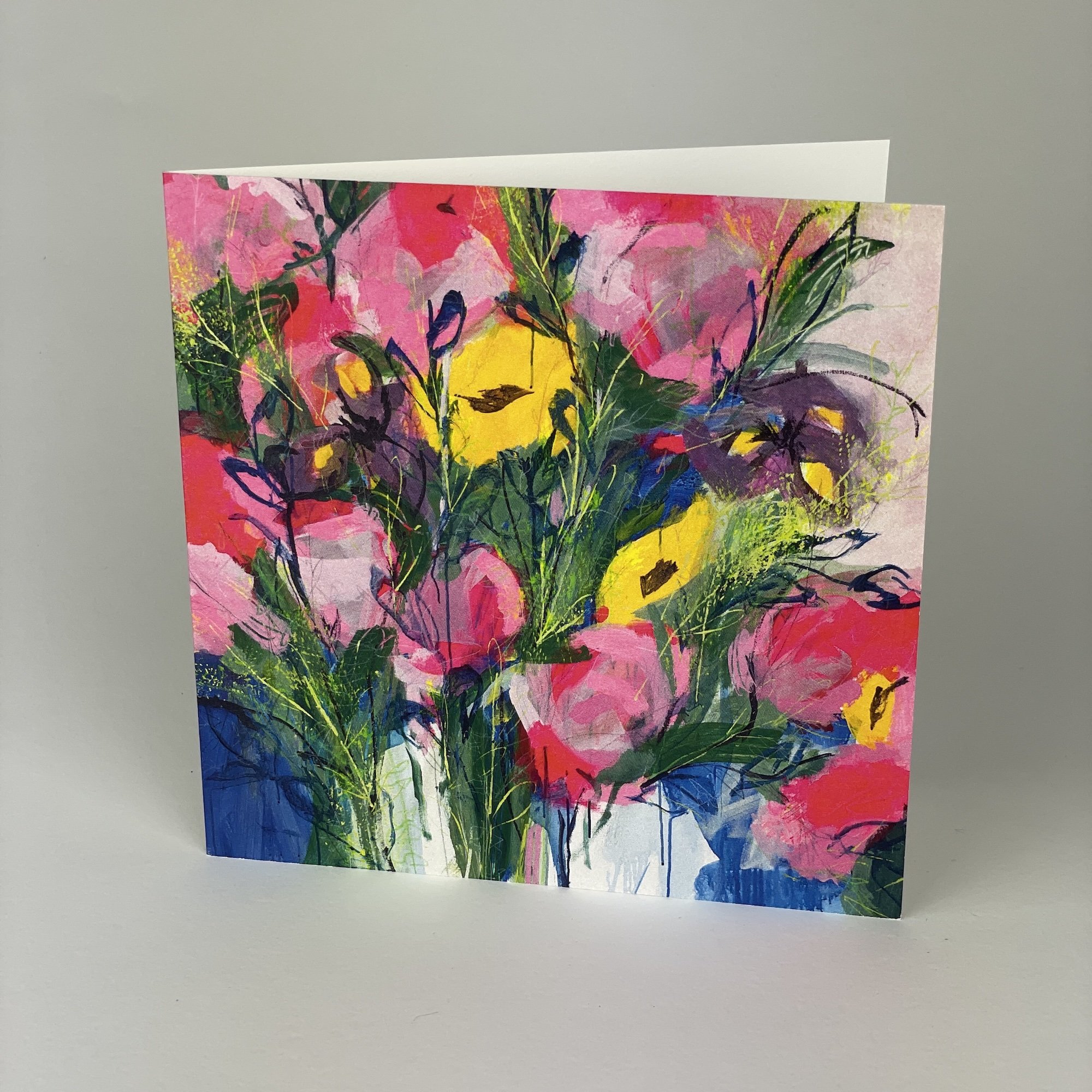 Modern fine art floral greeting card with bold expressive flowers, contemporary botanical artwork as exhibited in the Saatchi Gallery