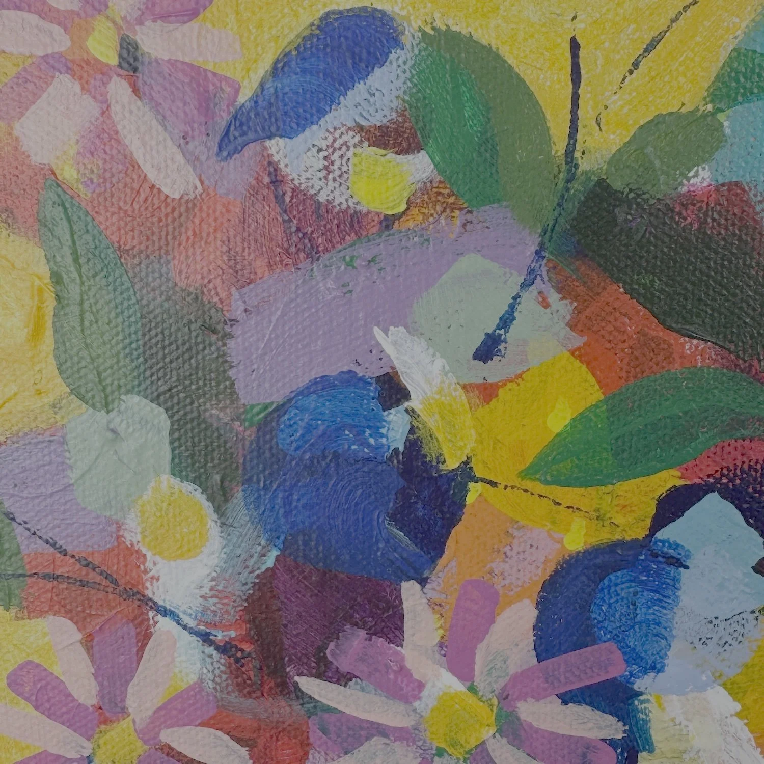 Yellow flowers with pops of of colour in this vibrant wall art by Faye Bridgwater