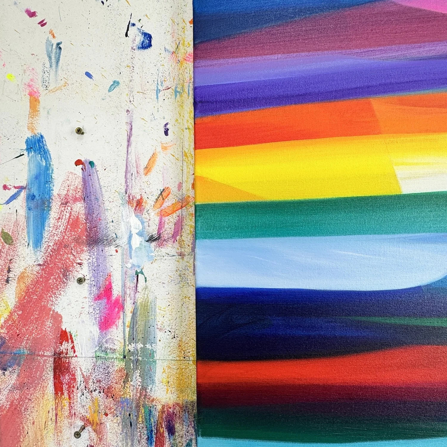 Close-up of expressive brushstrokes in blue and pink sky