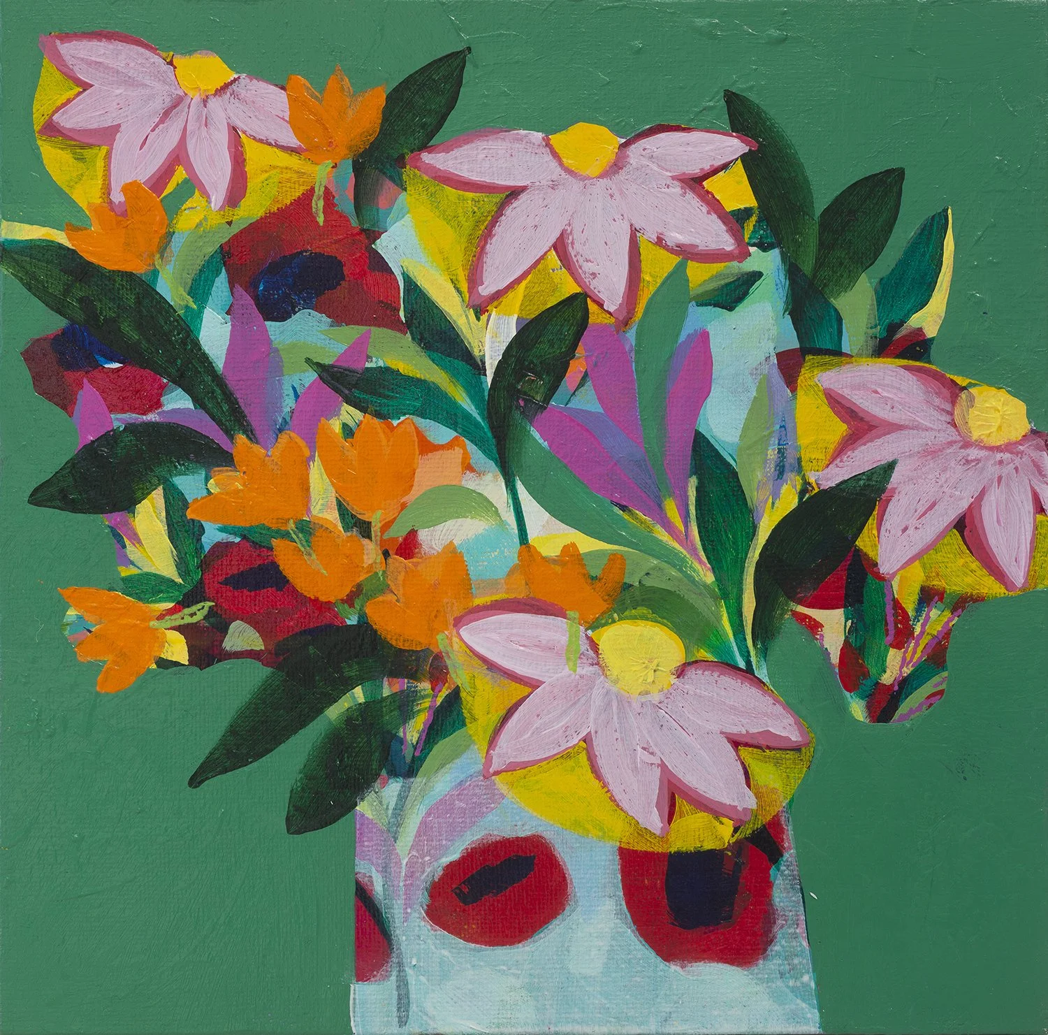 Bold flower painting with expressive marks and saturated colour