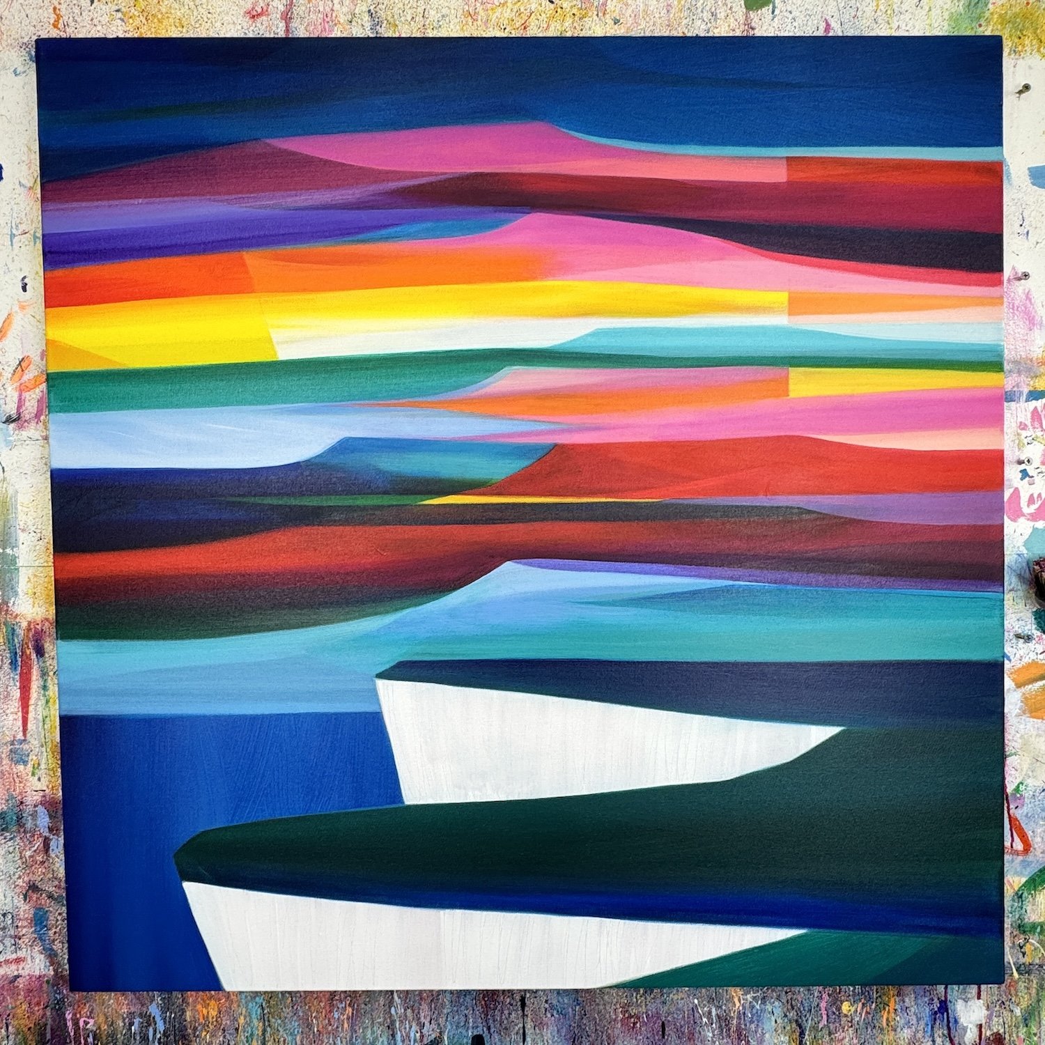 Contemporary seascape painting with layered sky and white cliffs