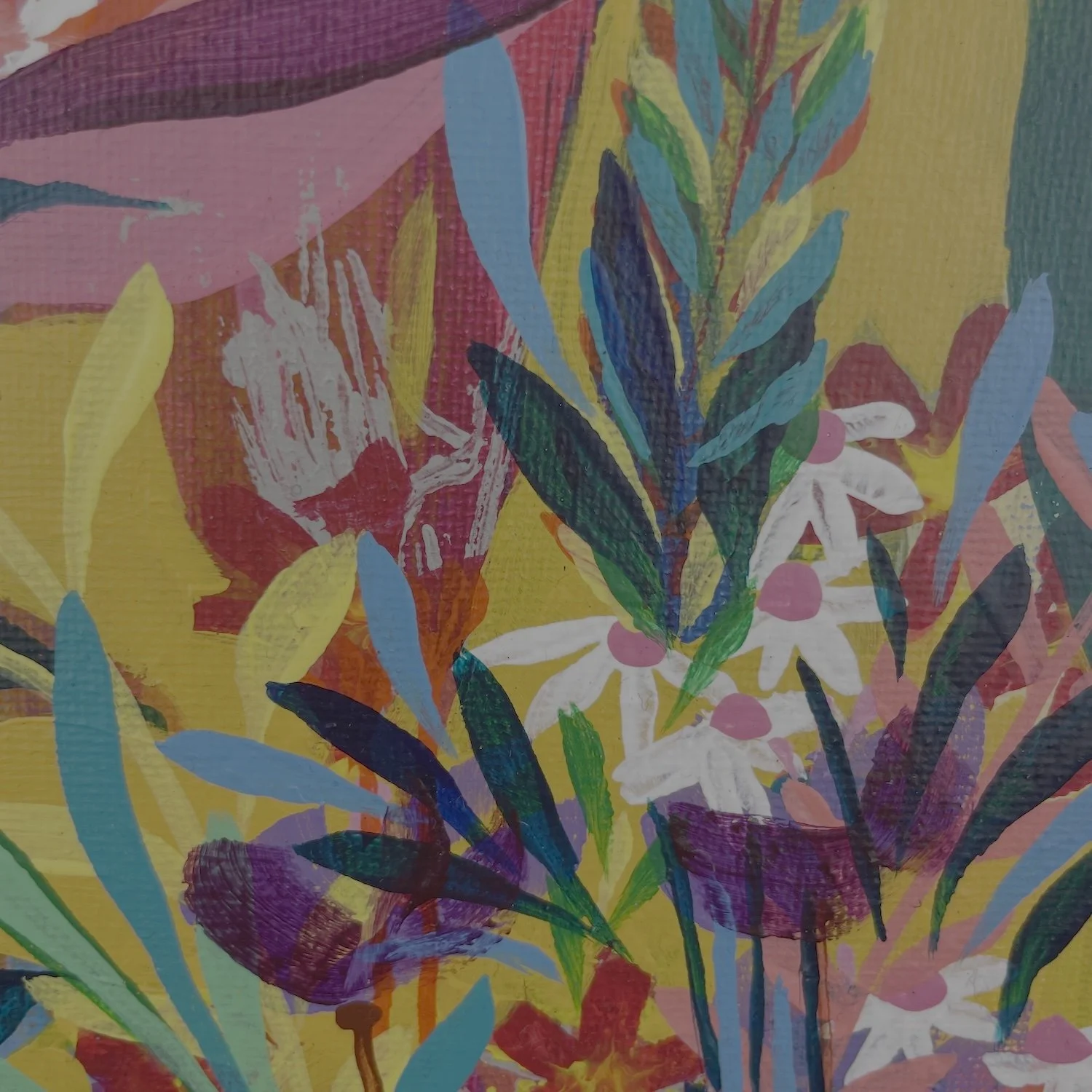 Layers of colour and movement in a Faye Bridgwater bright colourful painting of flowers