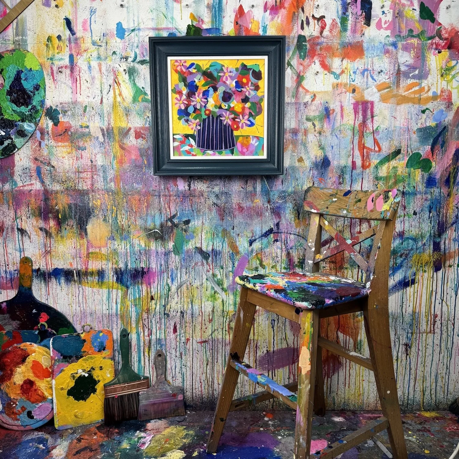 Bright yellow flowers in a pot painting