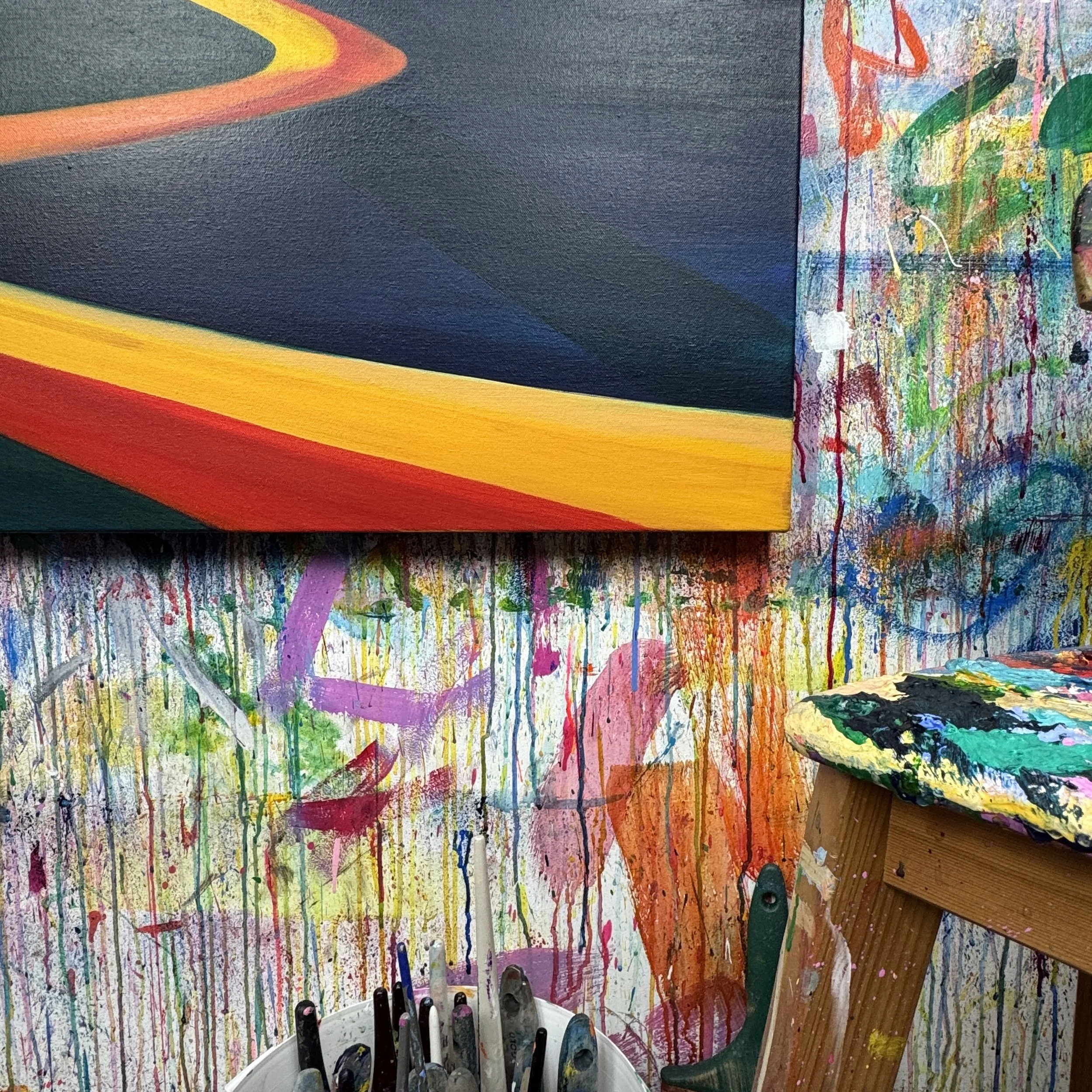 Close-up of landscape painting “Stand Tall, Shine On” showing texture, colour layering and brushwork