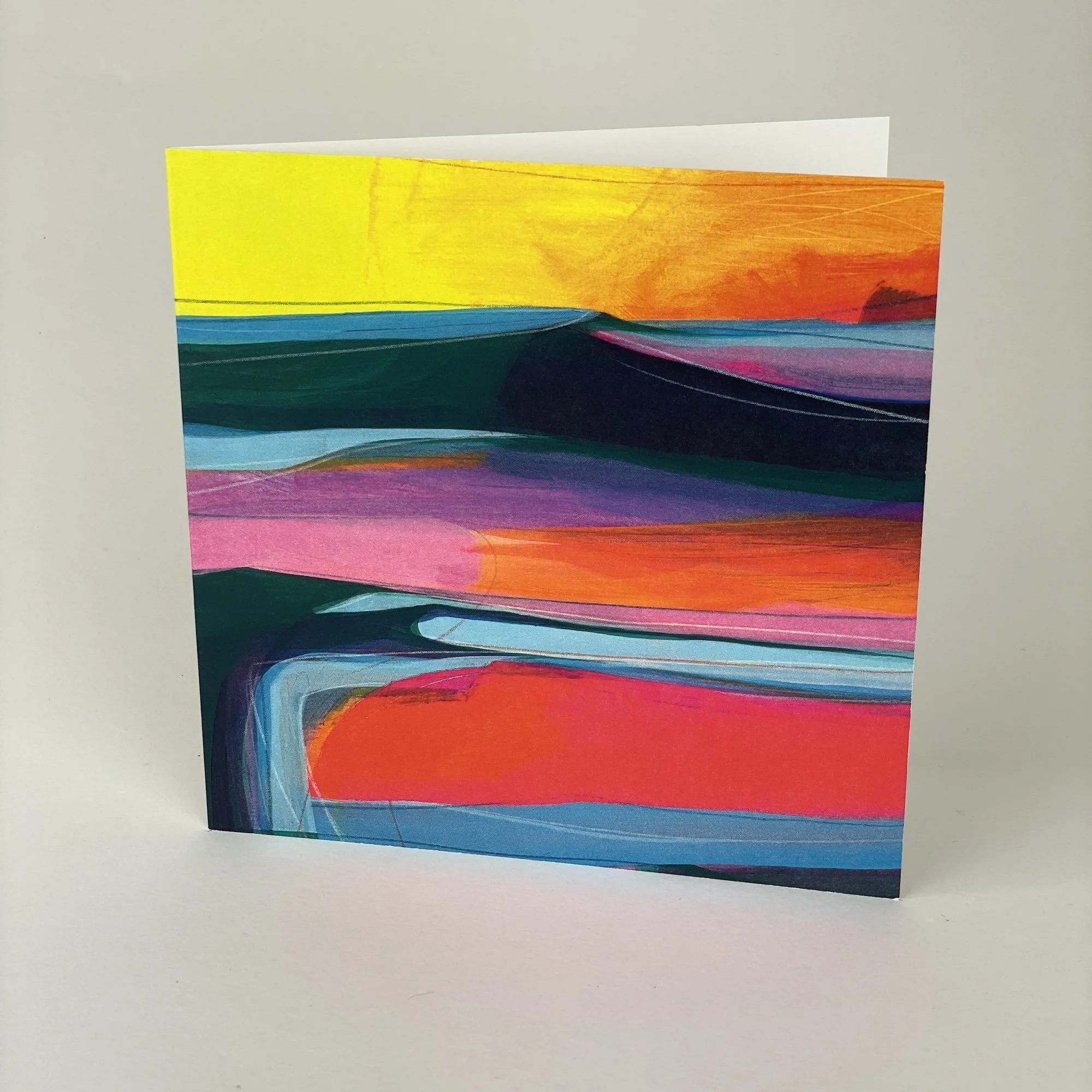 Fine art coastal greeting card with bold abstract sea and sky, modern by British contemporary artist Faye Bridgwater