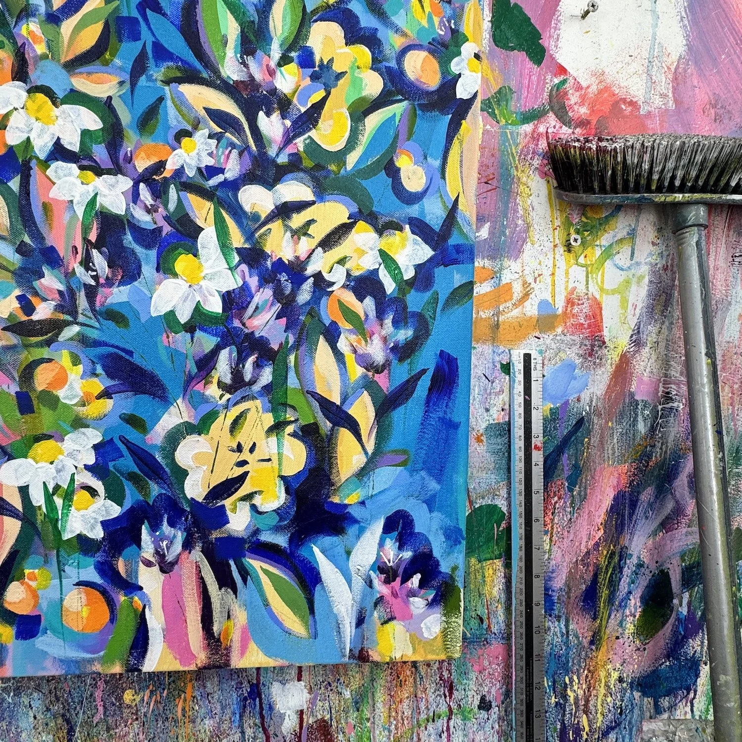 Vibrant flower painting with layered colour and rich blue background