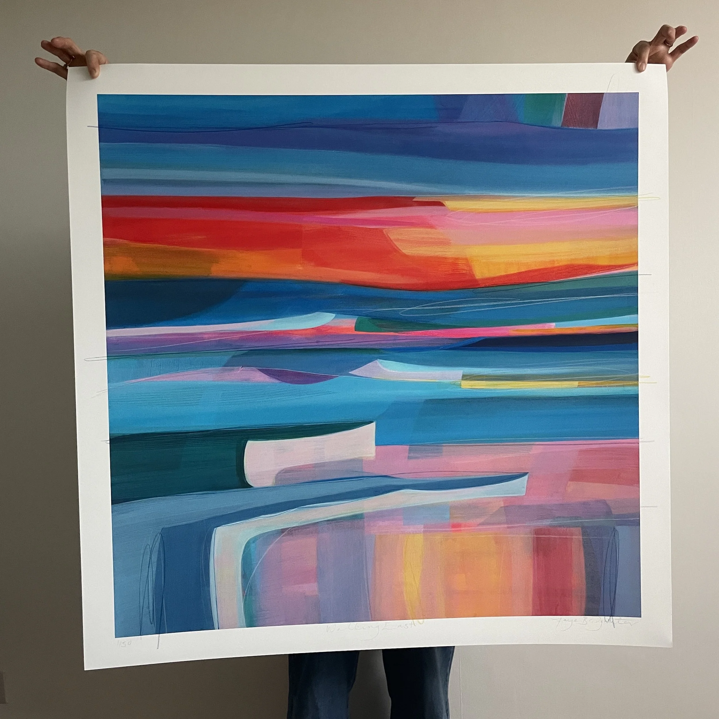 Contemporary landscape art print “Walking East” by Faye Bridgwater bringing atmosphere and colour into a space