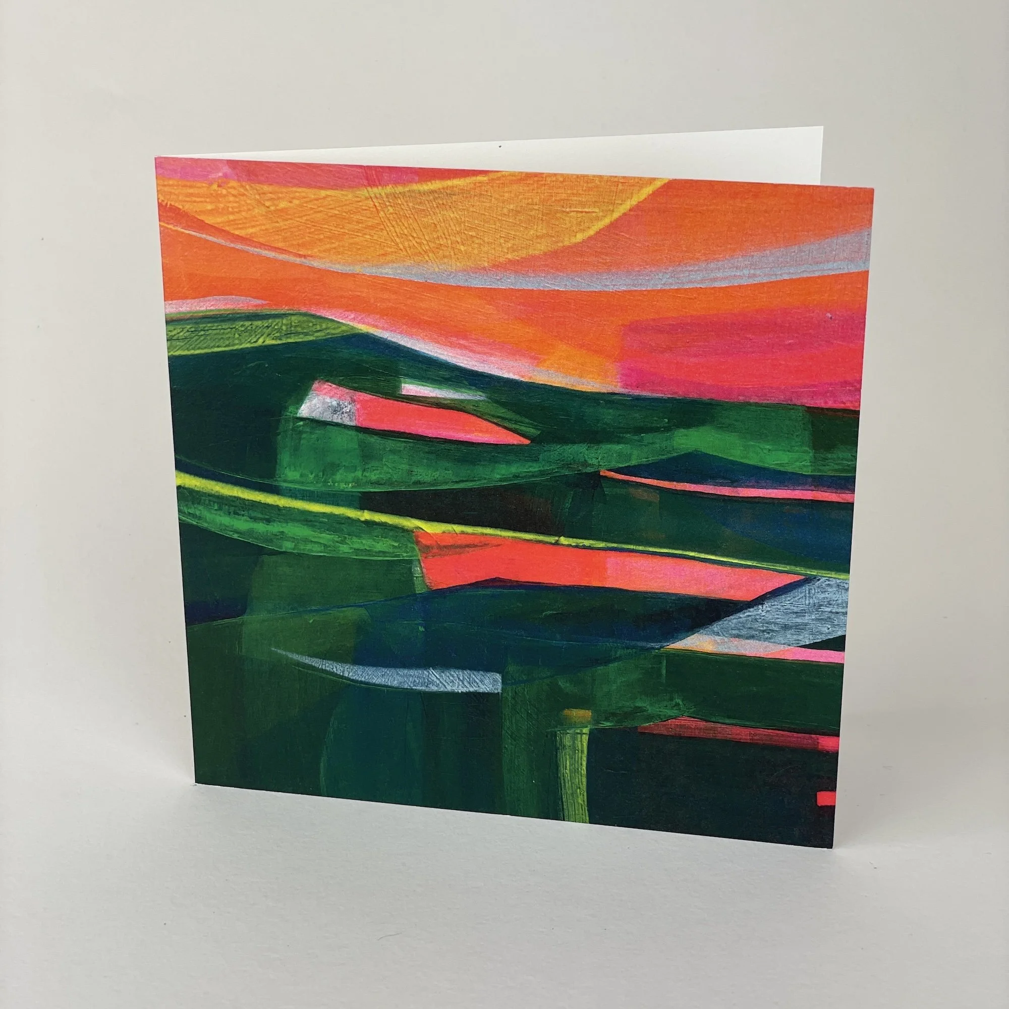 Colourful landscape greeting card inspired by the Sussex Downs, contemporary fine art style