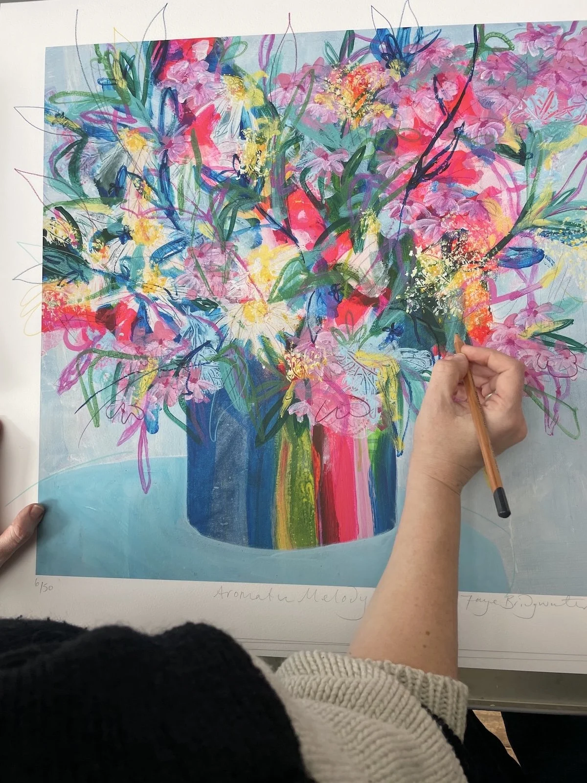 Floral Aromatic Melody limited edition print being hand finished and signed by Faye Bridgwater